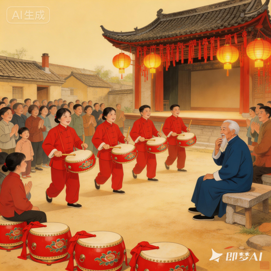 undefined jimeng-2026-03-27-6565-老人康复了,又逢春节到来,土沃乡间举行社火表演,这位凤阳花鼓老艺人无以为报,就以....png